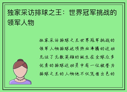 独家采访排球之王：世界冠军挑战的领军人物